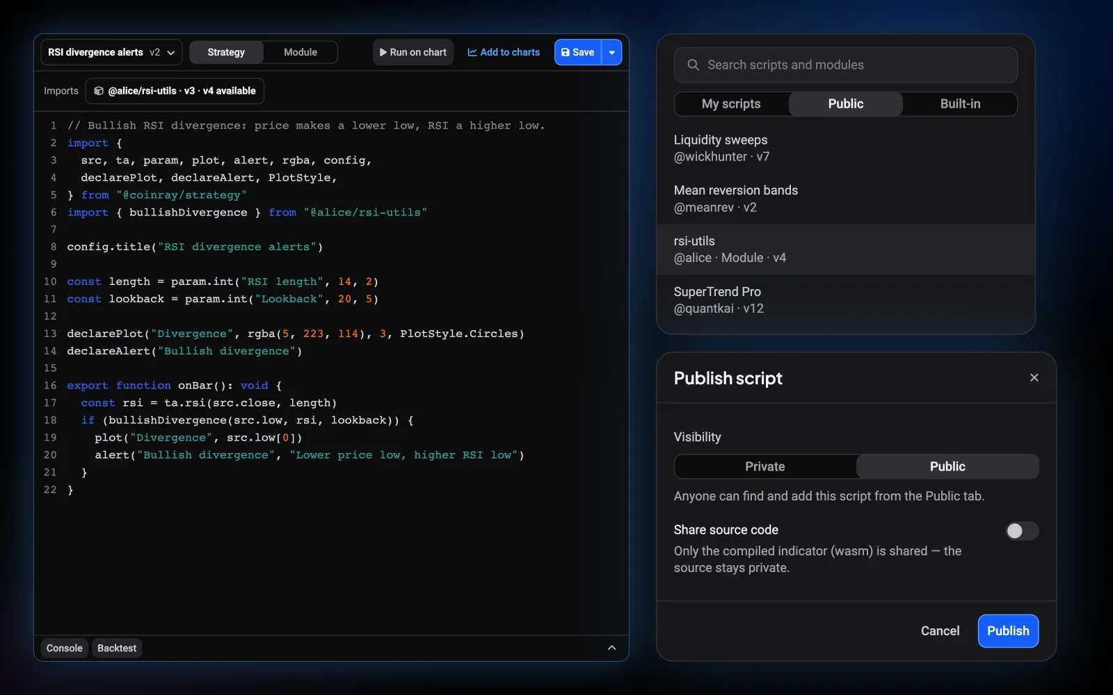 The script switcher open on the Public tab showing scripts and modules by other users, a strategy importing a shared module, and the publish dialog.
